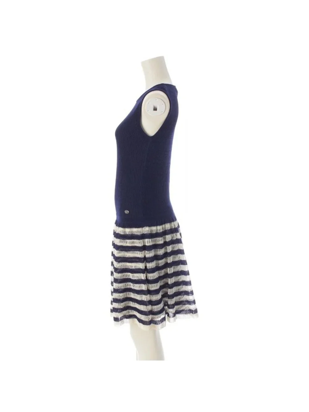 Chanel Polyester Cupro Sleeveless Border Contrast Flare Dress Off White